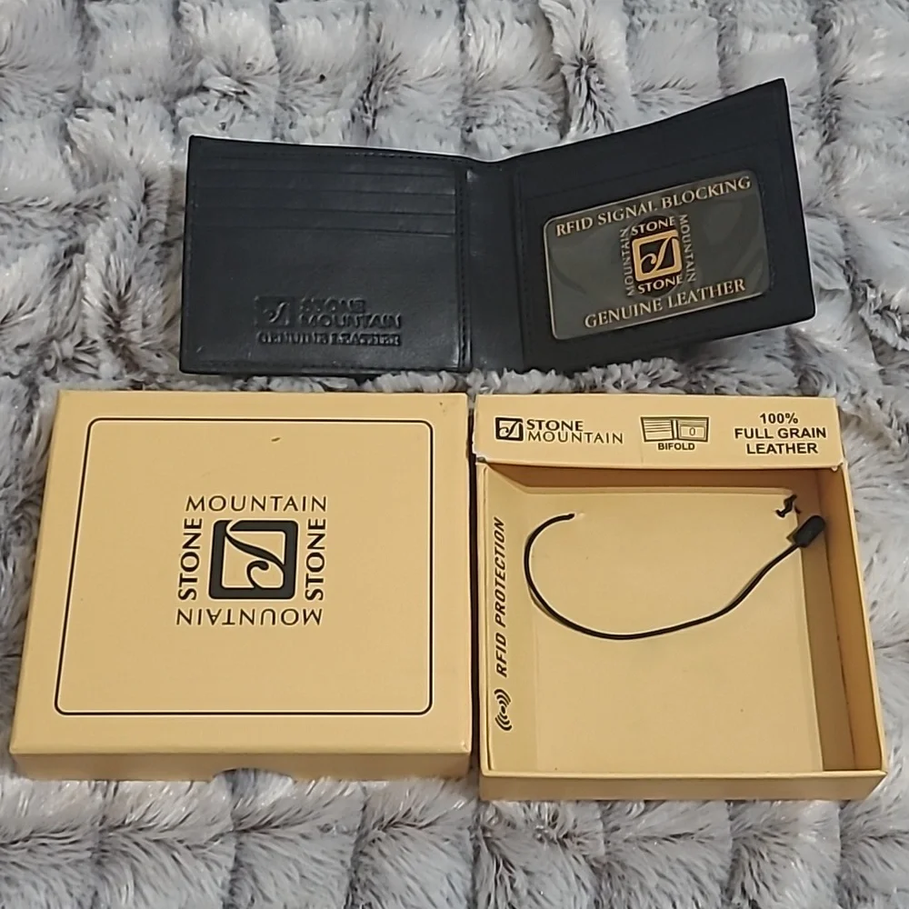 4/$25 Stone Mountain Genuine leather Wallet ..has RFID signal blocker..Theft NWT